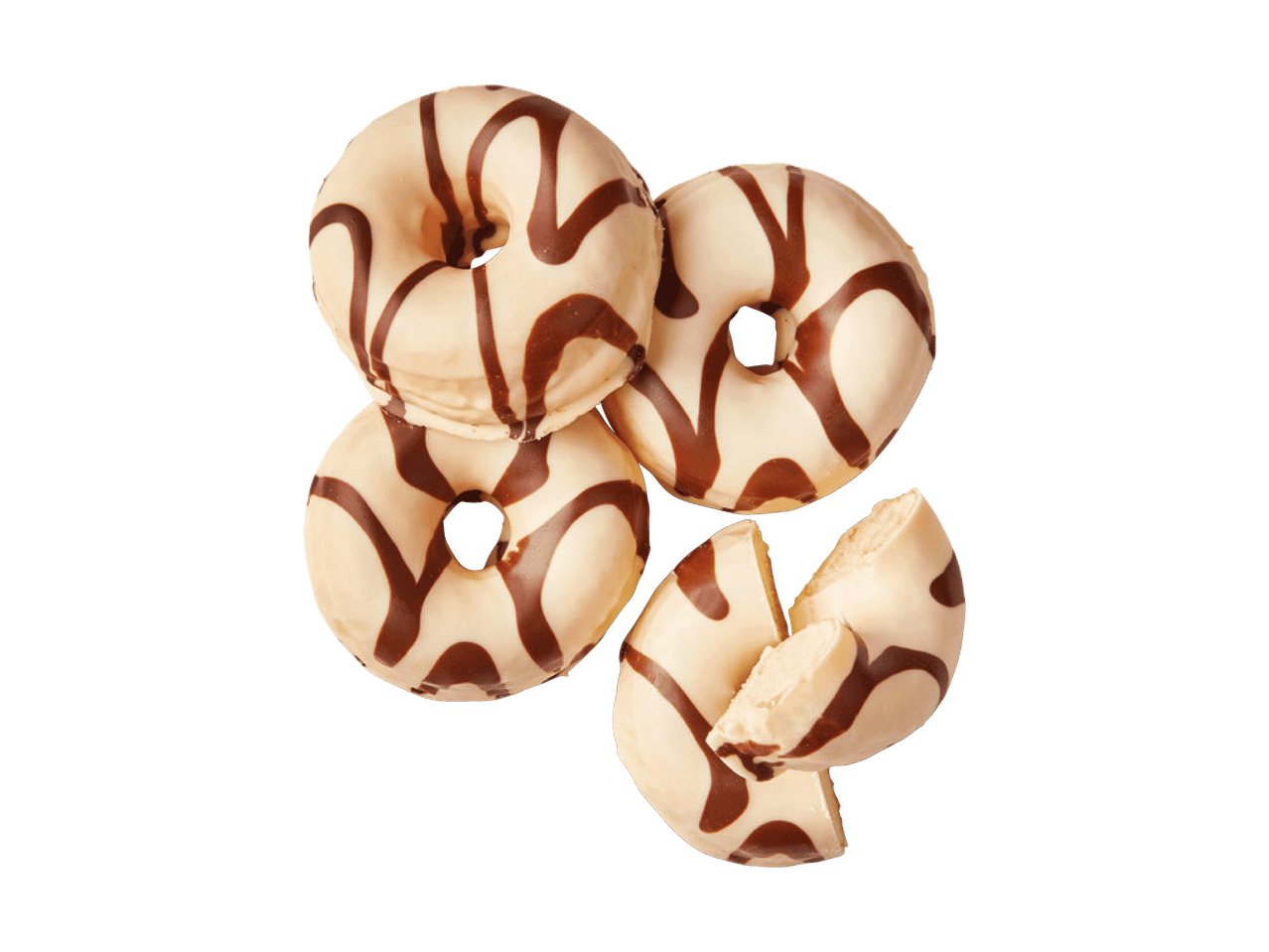 Vier vanilleglasierte Donuts mit Schokoladenstreifen, einer zerbrochen.