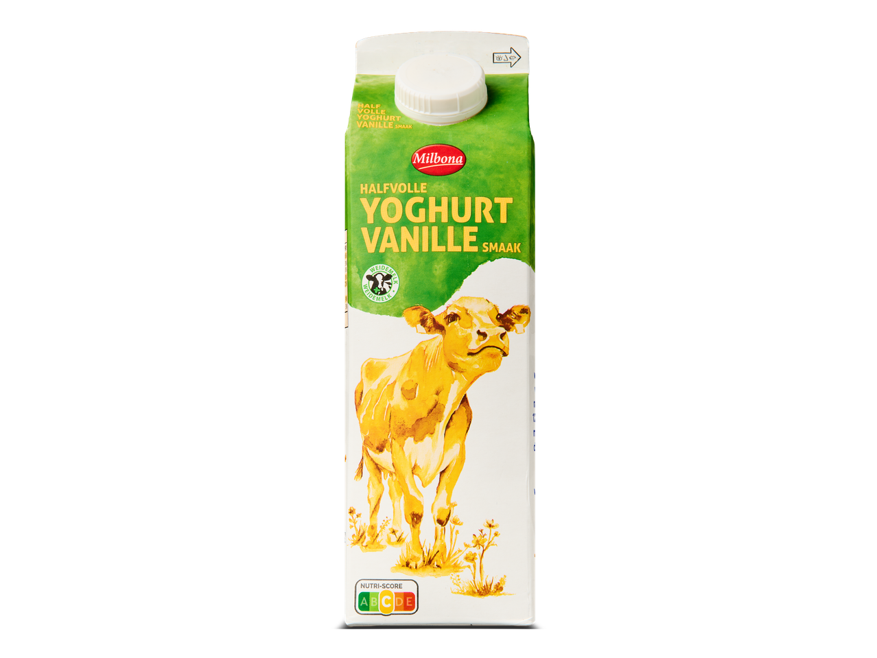 Halfvolle vanille yoghurt in een pak met een illustratie van een koe.