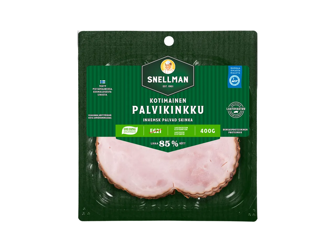 Pakkaus savukinkkua, jossa on 85 % lihaa, 400 g, laktoositon ja gluteeniton.