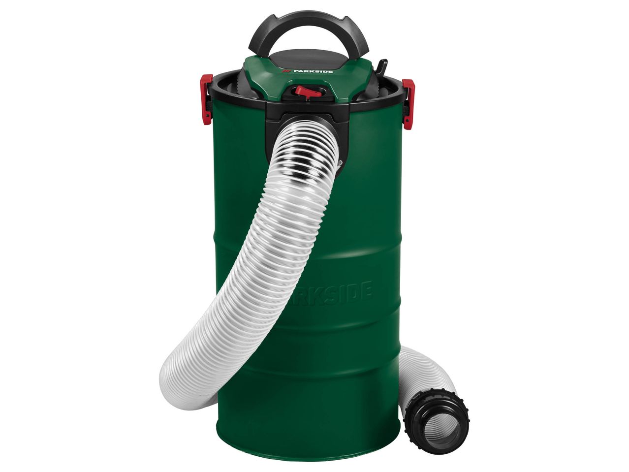 A green Parkside Chip & Dust Extractor with a white hose.