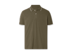 Ein olivgrünes Poloshirt mit weißem Kragen.