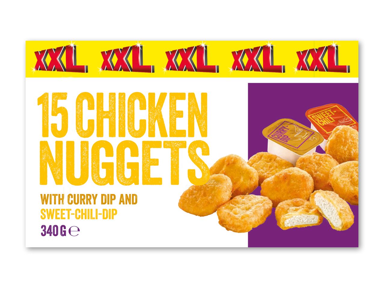 15 store kyllinge nuggets med karry- og sweet chili-dip (340g).