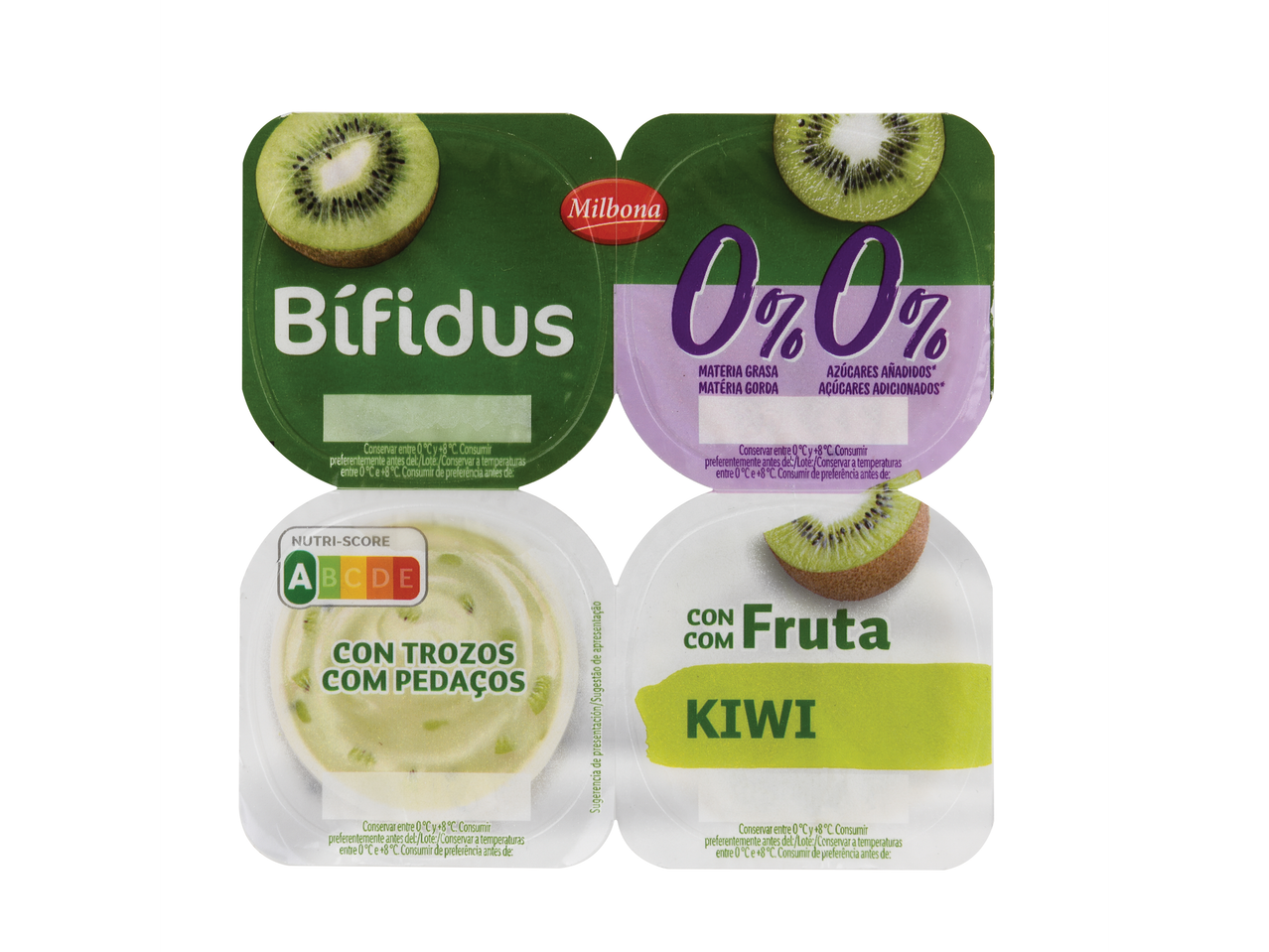 Iogurte Milbona Bifidus de kiwi com 0% de gordura e 0% de açúcares adicionados, Nutri-Score A.