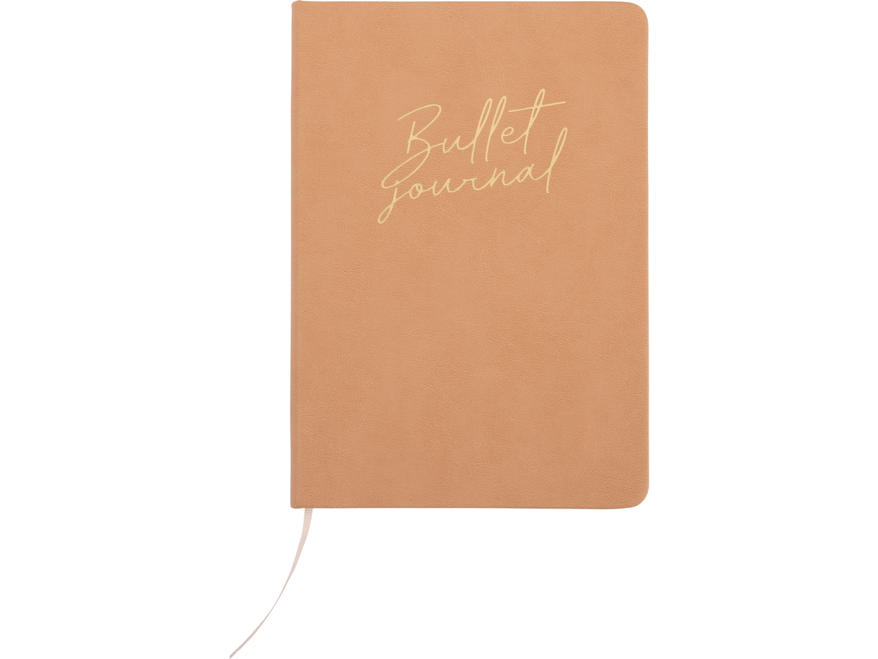 Een beige lederen bullet journal met gouden tekst.