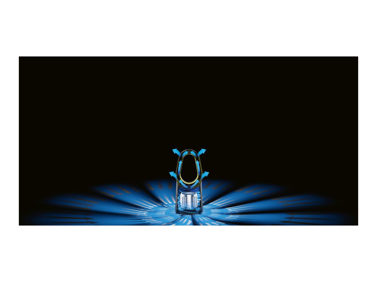 A hair dryer with blue arrows indicating airflow, on a dark background with blue light patterns.