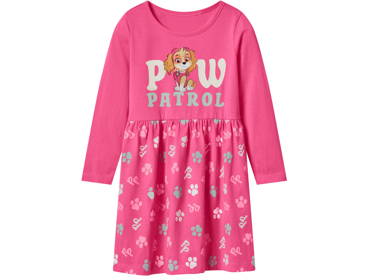 Rožinė suknelė su ilgomis rankovėmis, „Paw Patrol“ motyvu ir letenėlių atspaudais.