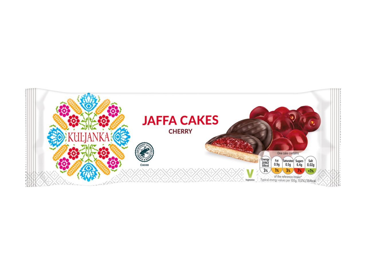 Kuljanka Jaffa Cakes Cherry: A package of chocolate-covered cherry cakes with traditional folk-art design.