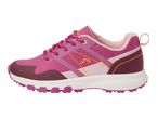 A single pink and purple athletic shoe with a white sole and textured tread.
