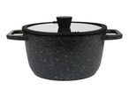 A black granite-textured pot with a glass lid and side handles.