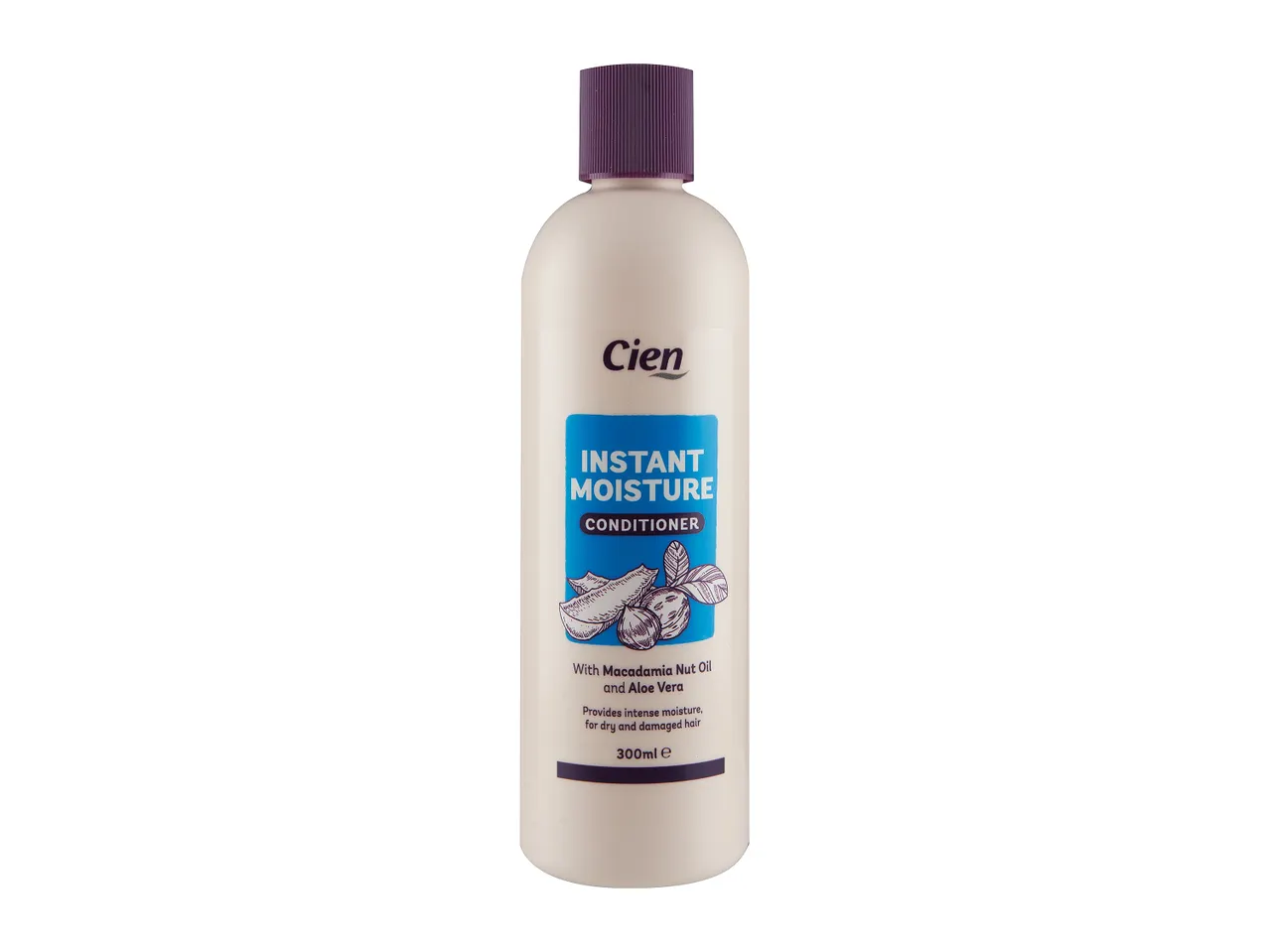 Cien Instant Moisture conditioner with macadamia nut oil and aloe vera for dry and damaged hair.