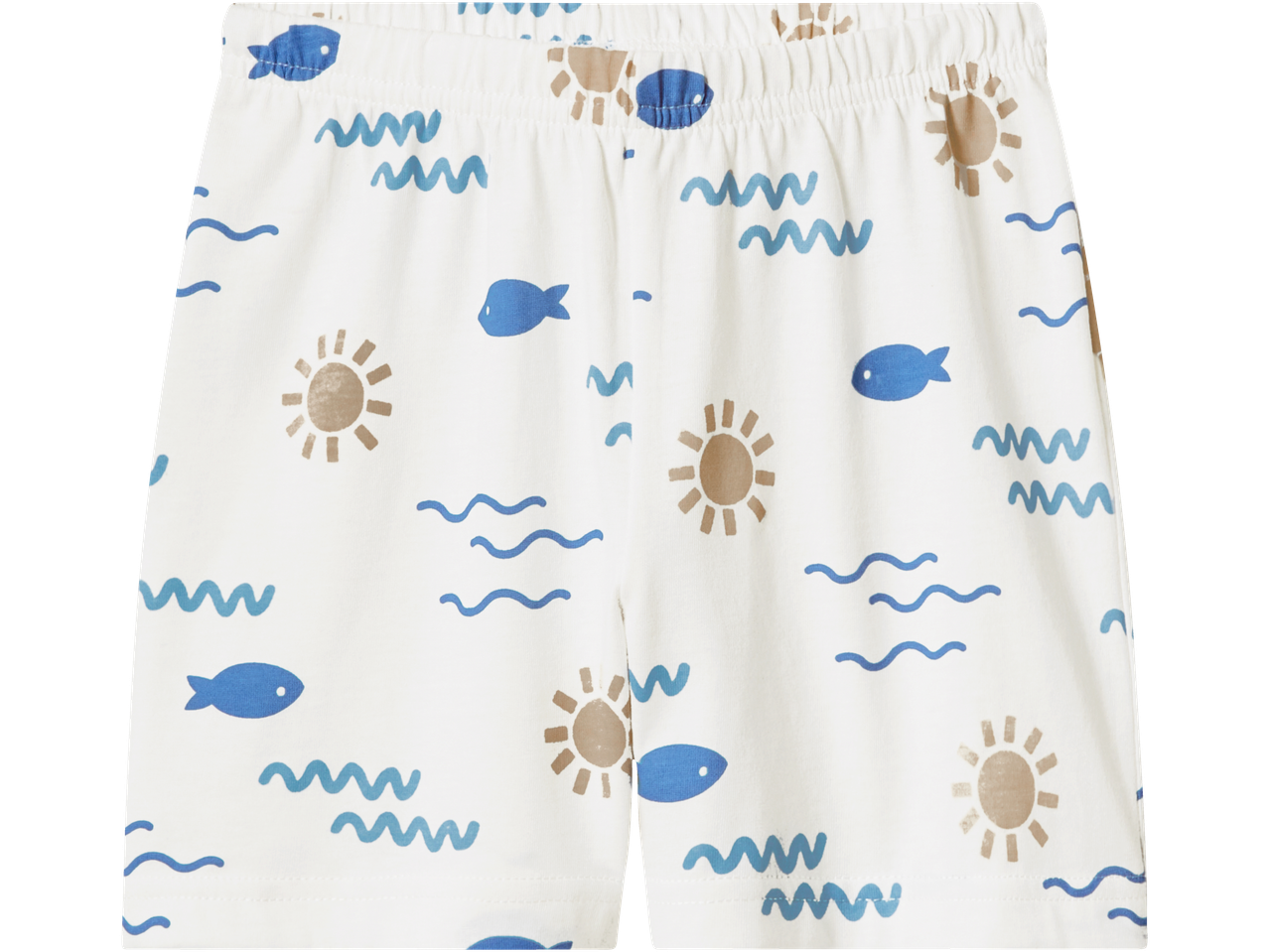 Dečiji šorts za pidžamu sa printom plavih riba, talasa i braon sunca.