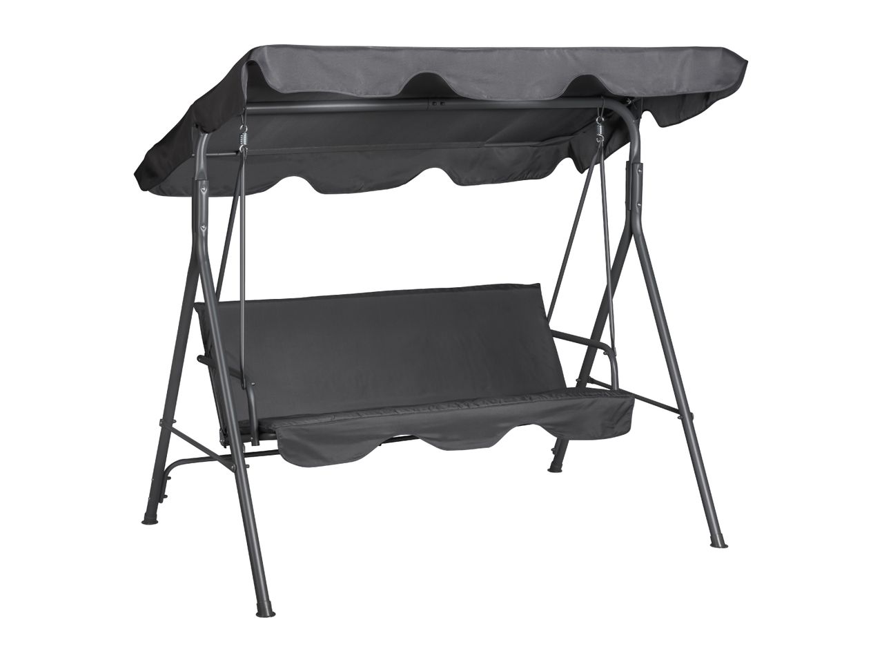 Dark grey garden swing with a canopy and a three-seater bench.