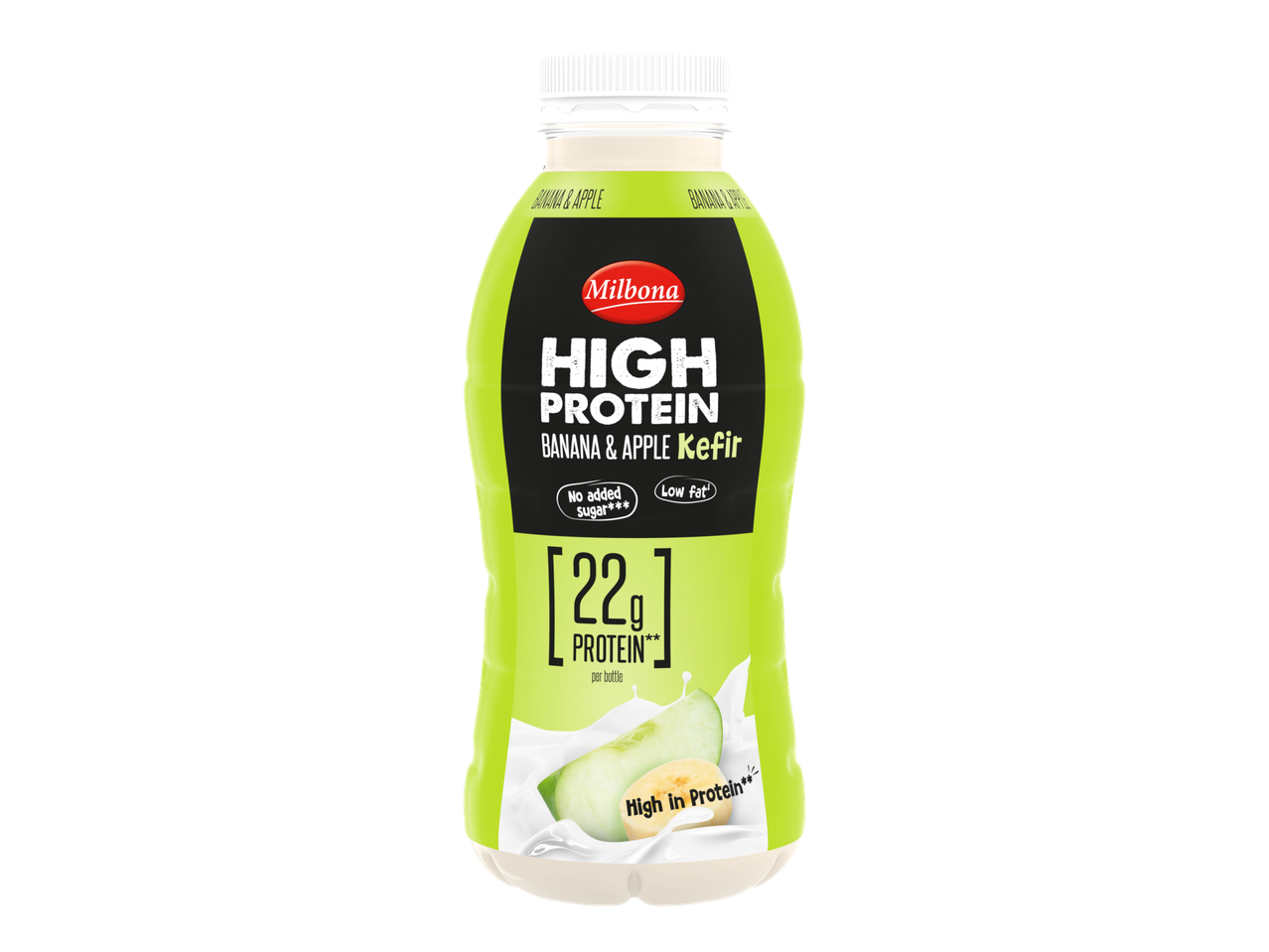 Kefir Milbona bogat în proteine, cu banane și mere.