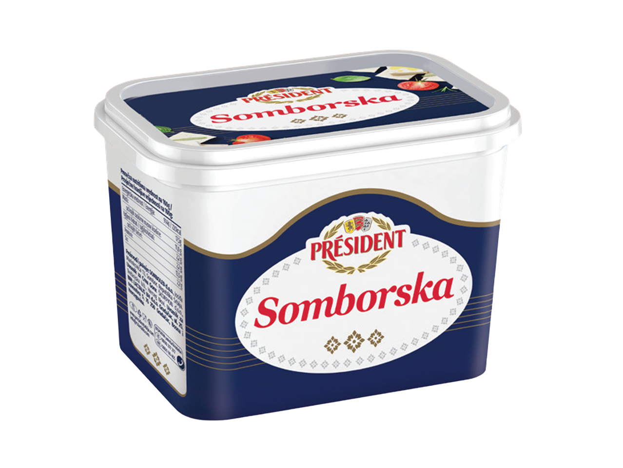 President Somborska sir u beloj plastičnoj posudi sa tamnoplavom etiketom.