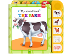Farm sound book featuring a cow, donkey, hen, sheep, and pig.