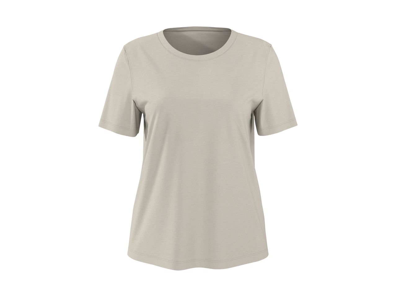 Enkel lysebrun T-shirt med rund hals og korte ærmer, set forfra.