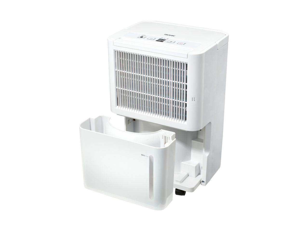 A white Trotec dehumidifier with its water tank partially pulled out, on a white background.