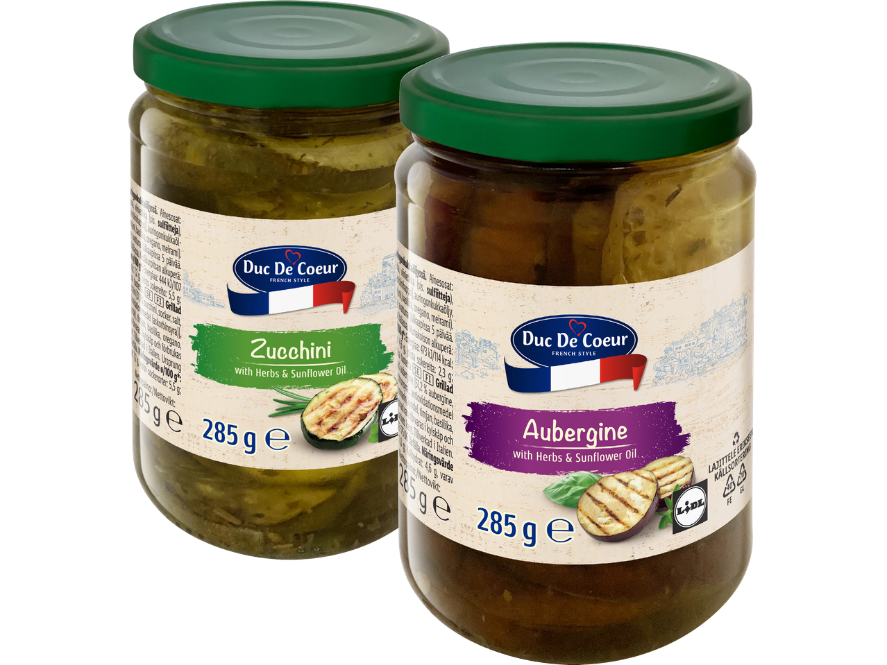 Två burkar med inlagda grönsaker: zucchini och aubergine.