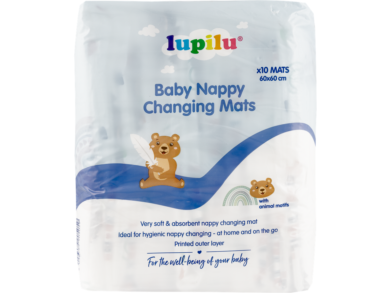 Lupilu Baby Nappy Changing Mats with animal motifs, 10 mats, 60x60 cm.