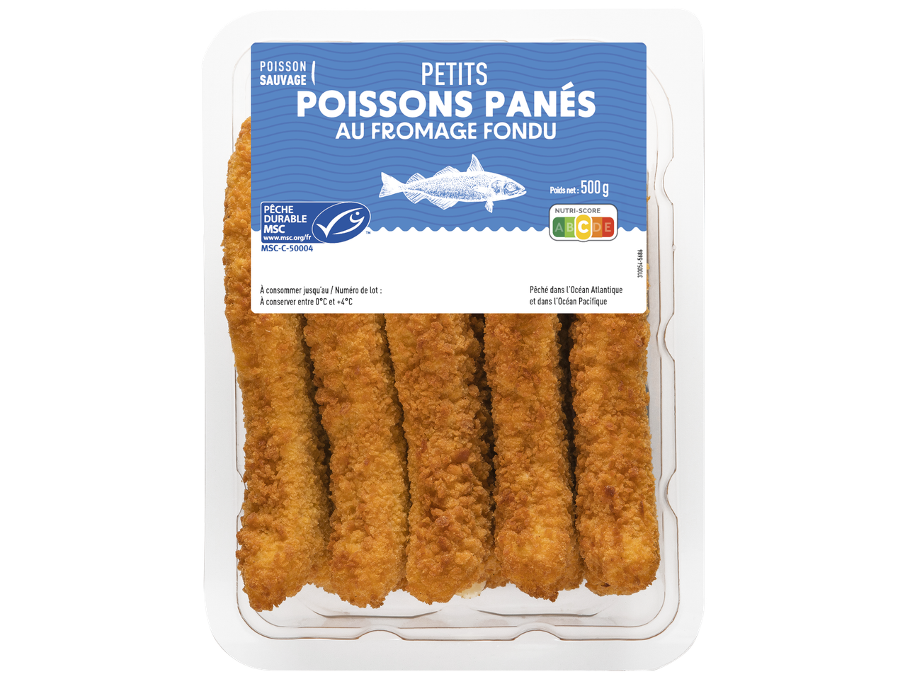Poisson pané au fromage fondu, 500g, Nutri-Score C, pêche durable MSC.