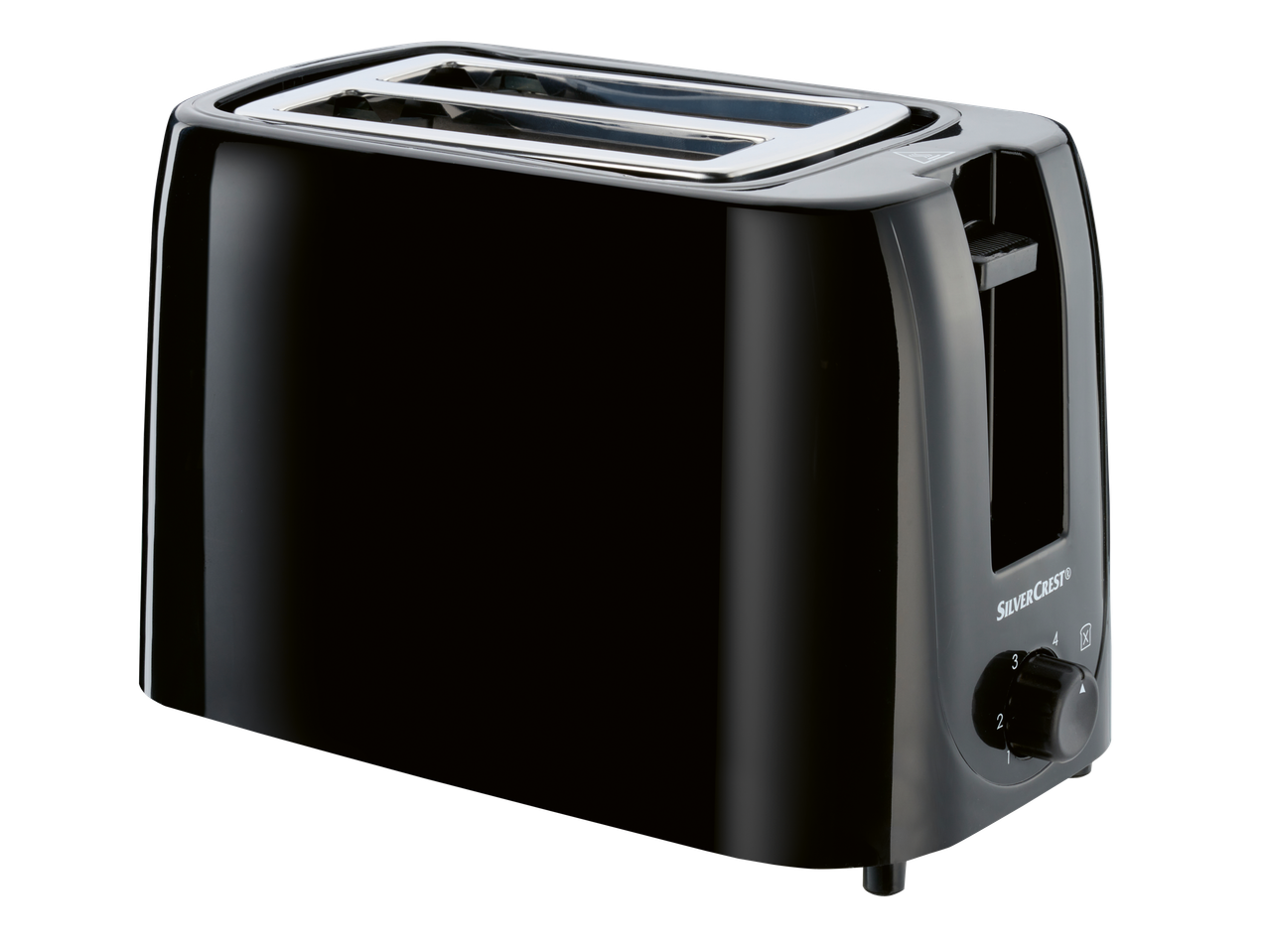 A black SilverCrest 2-slice toaster with a chrome top and a browning control dial.