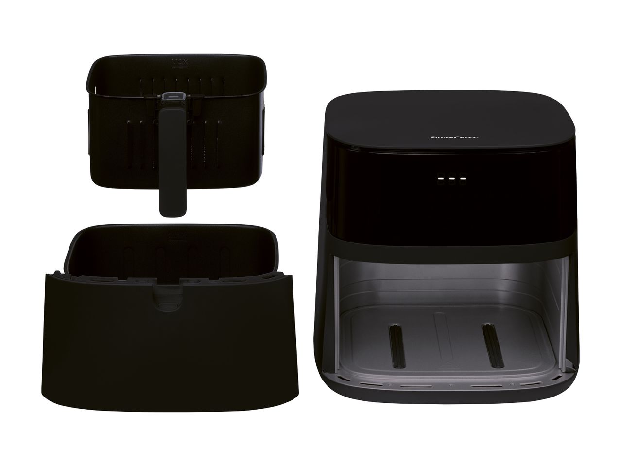Black air fryer with removable basket and drawer, shown disassembled.