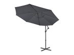 Dark grey cantilever patio umbrella with a cross base, tilted to one side.