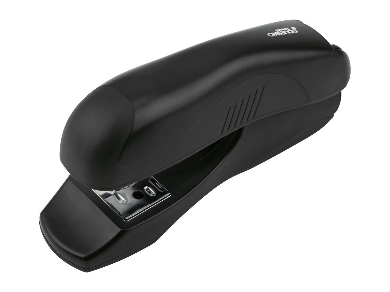Black stapler with a sleek design, angled on a white background.
