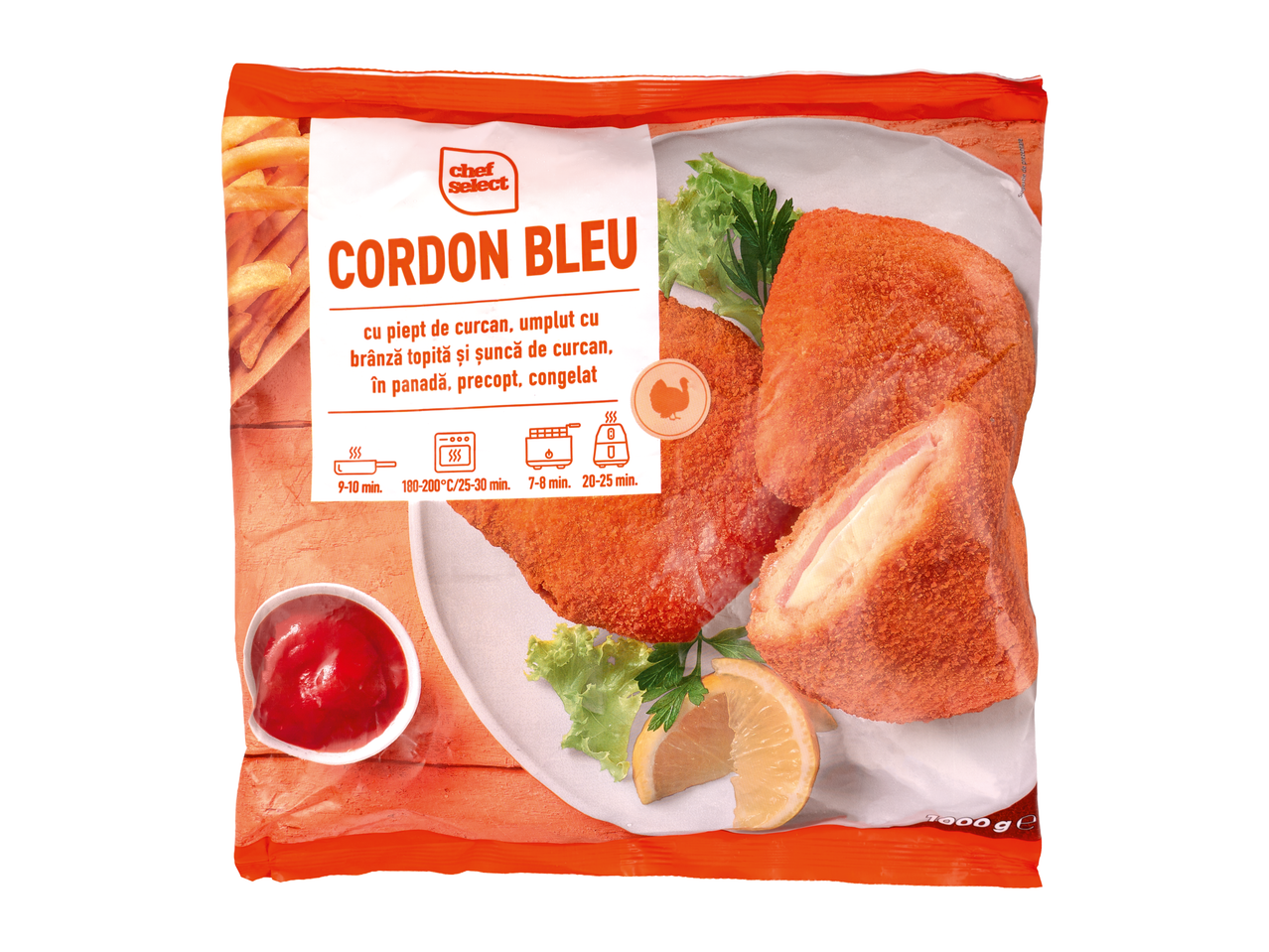 Pachet de cordon bleu de curcan, umplut cu brânză și șuncă, cu instrucțiuni de preparare.