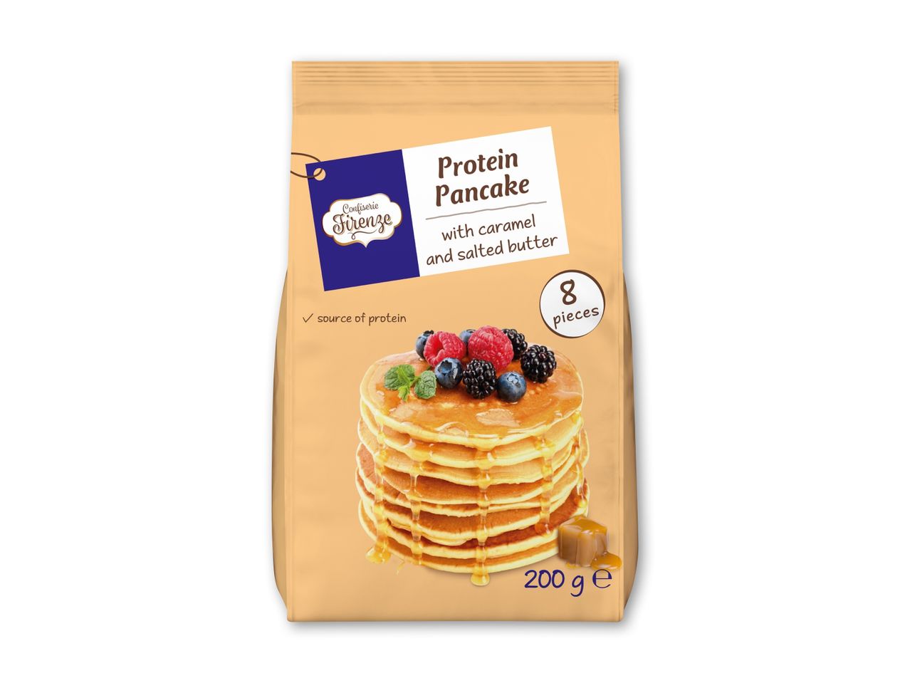 En pose med proteinpandekageblanding med karamel og saltet smør, der giver 8 stykker.