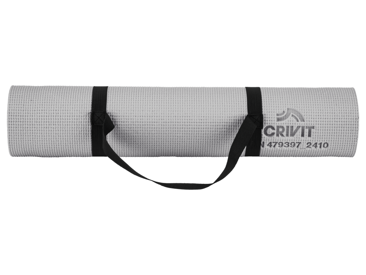 A rolled-up CRIVIT exercise mat with a black carrying strap.