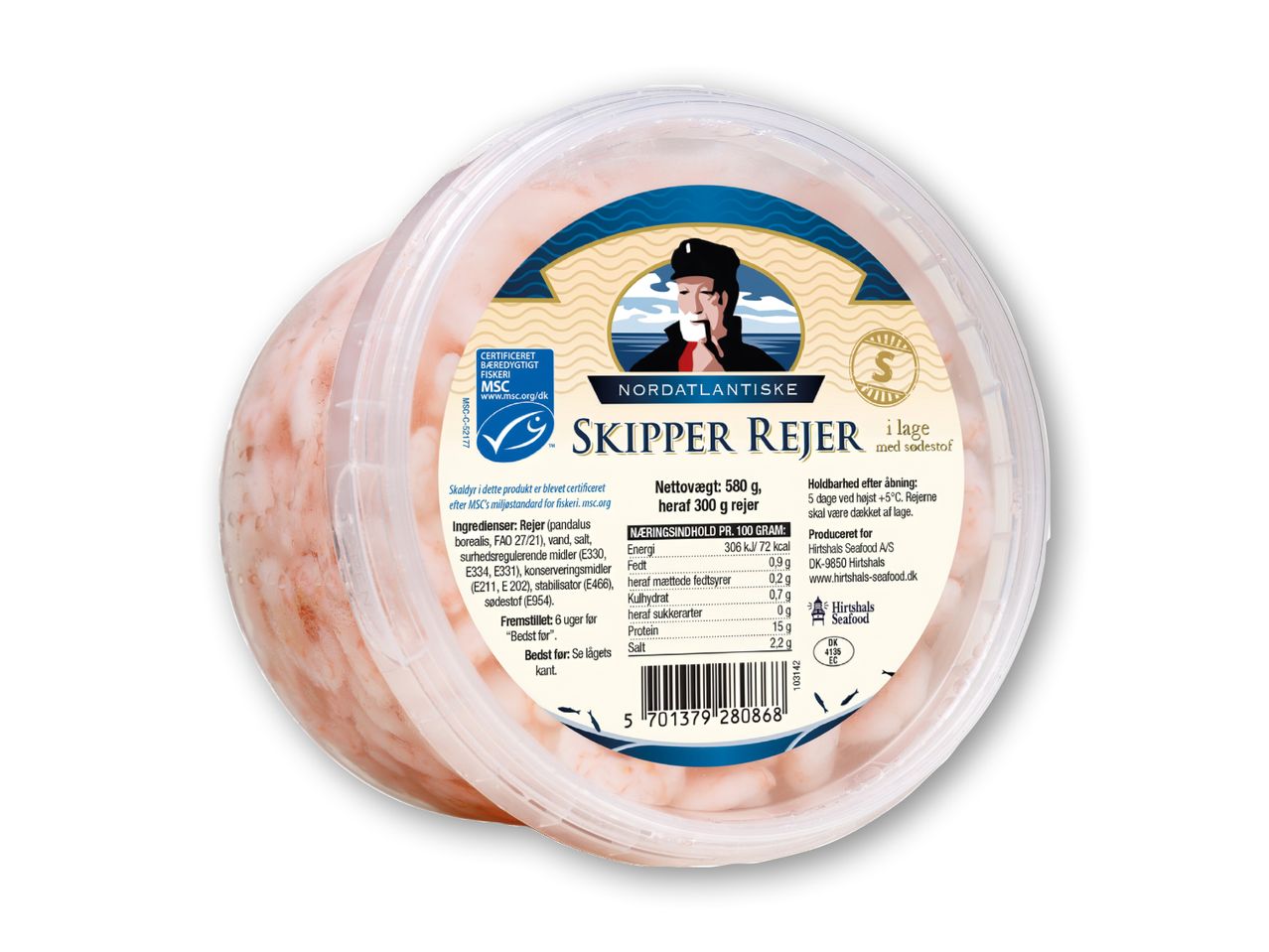 En gennemsigtig beholder med rejer i lage, mærket med en fisker og ernæringsoplysninger.