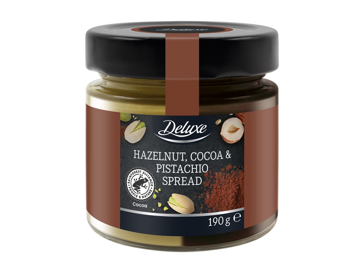 Βάζο Deluxe με άλειμμα φουντουκιού, κακάο και φιστικιού, 190g.