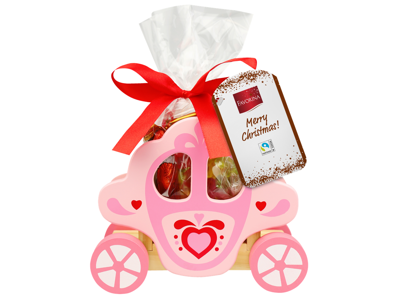 Favorina saldumu dāvana rozā koka karietē ar Ziemassvētku birku.