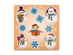 Fünf Schneemann-Aufkleber mit verschiedenen Winteraccessoires und blauen Schneeflocken.