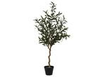 Artificial olive tree with black olives in a black pot.