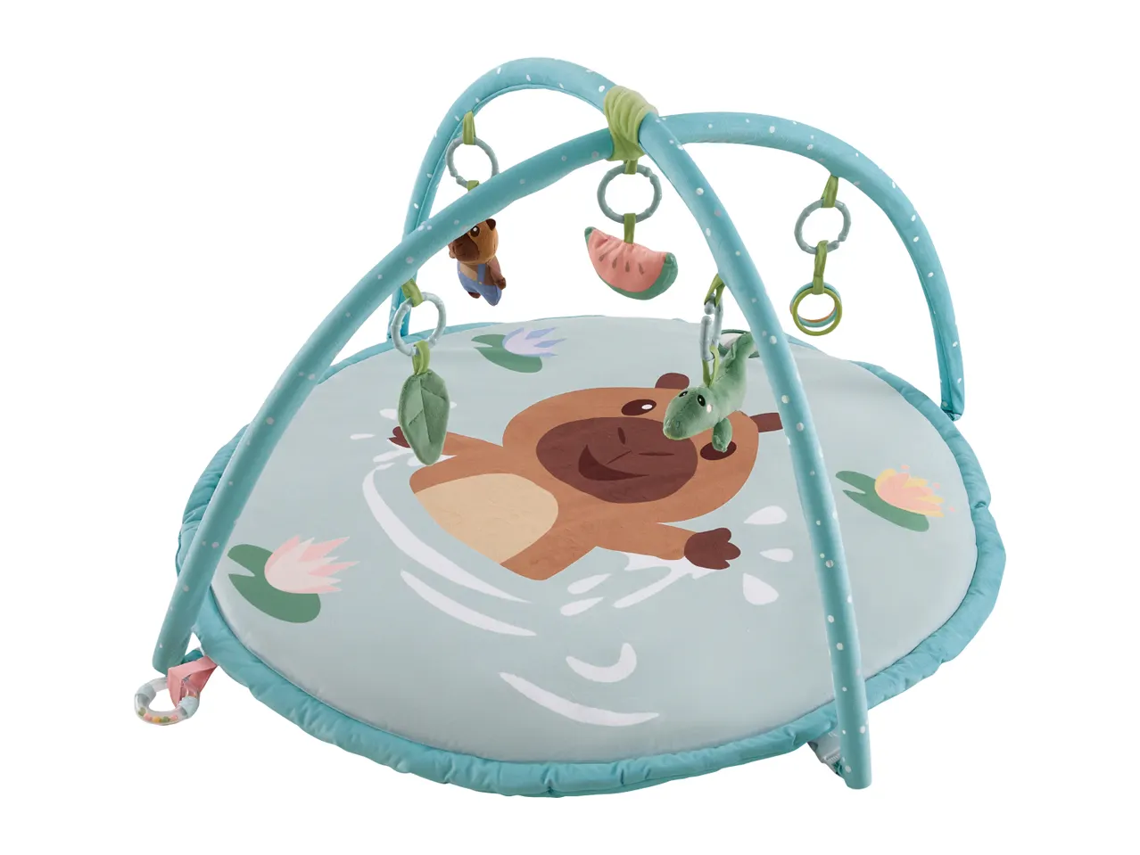 Baby play mat with a blue arch, hanging toys, and a cute animal design.