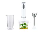 Hand blender set with chopper attachment, measuring beaker, and blending wand