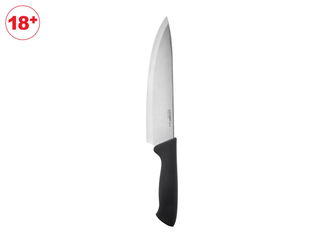 An 18' chef's knife with a black handle.