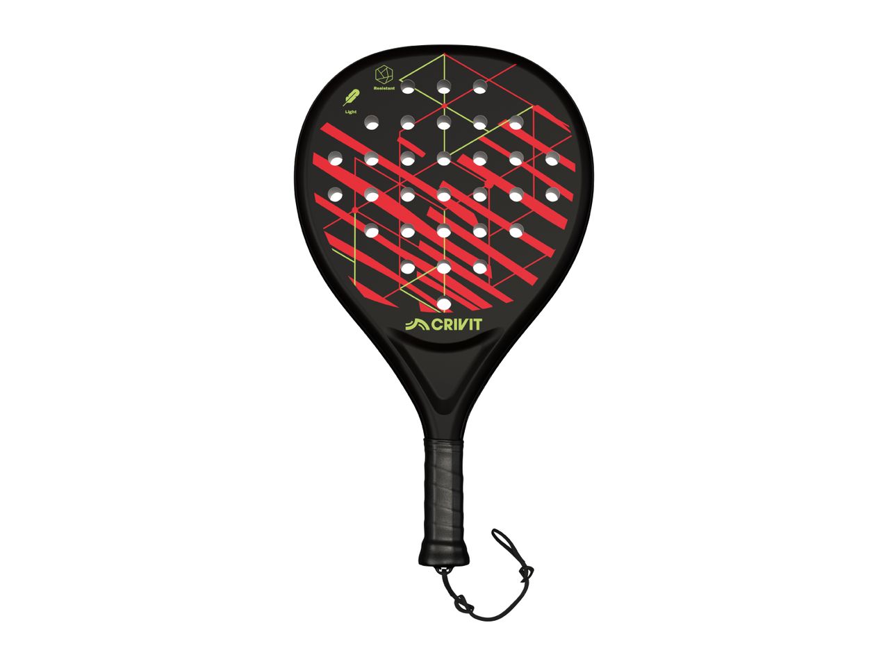 Black padel racket with red and lime green geometric patterns, featuring a light and resistant design.