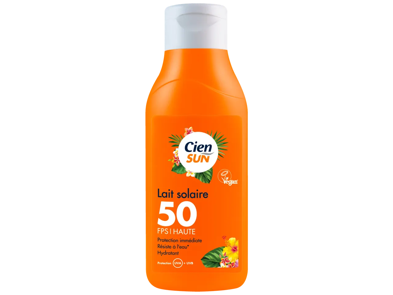 Lait solaire Cien Sun SPF 50, végan, résistant à l'eau.