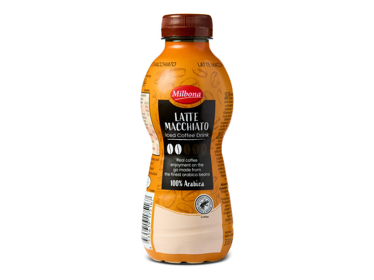 Milbona Latte Macchiato ijskoffie in een oranje fles met bruine dop.