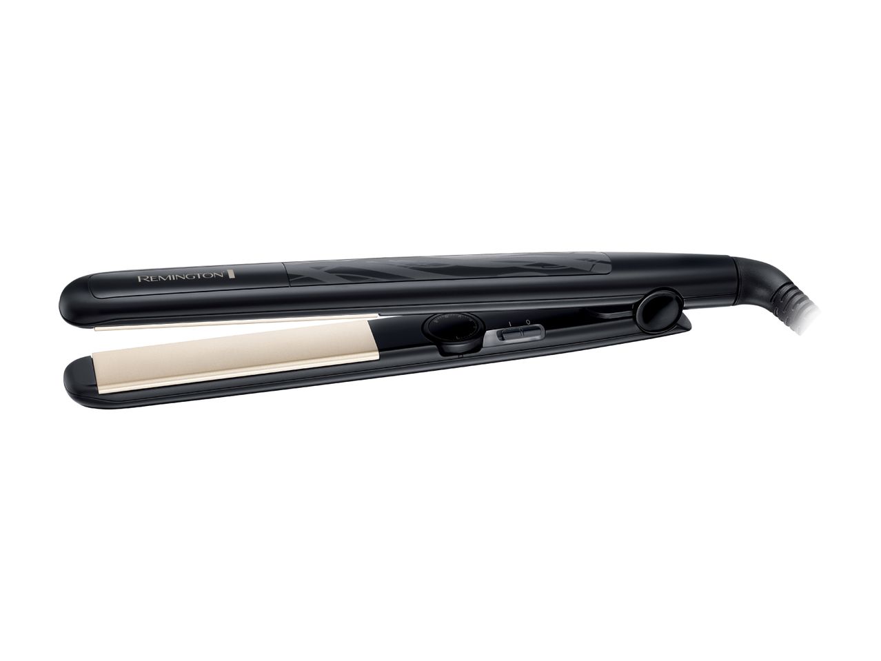 A black and silver flat iron hair straightener.