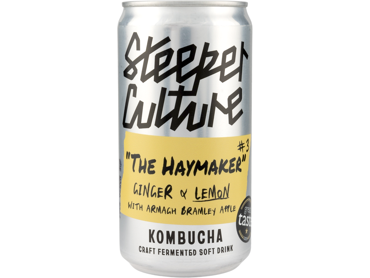 Steeper Culture Ginger & Lemon Kombucha can, 'The Haymaker' flavor.