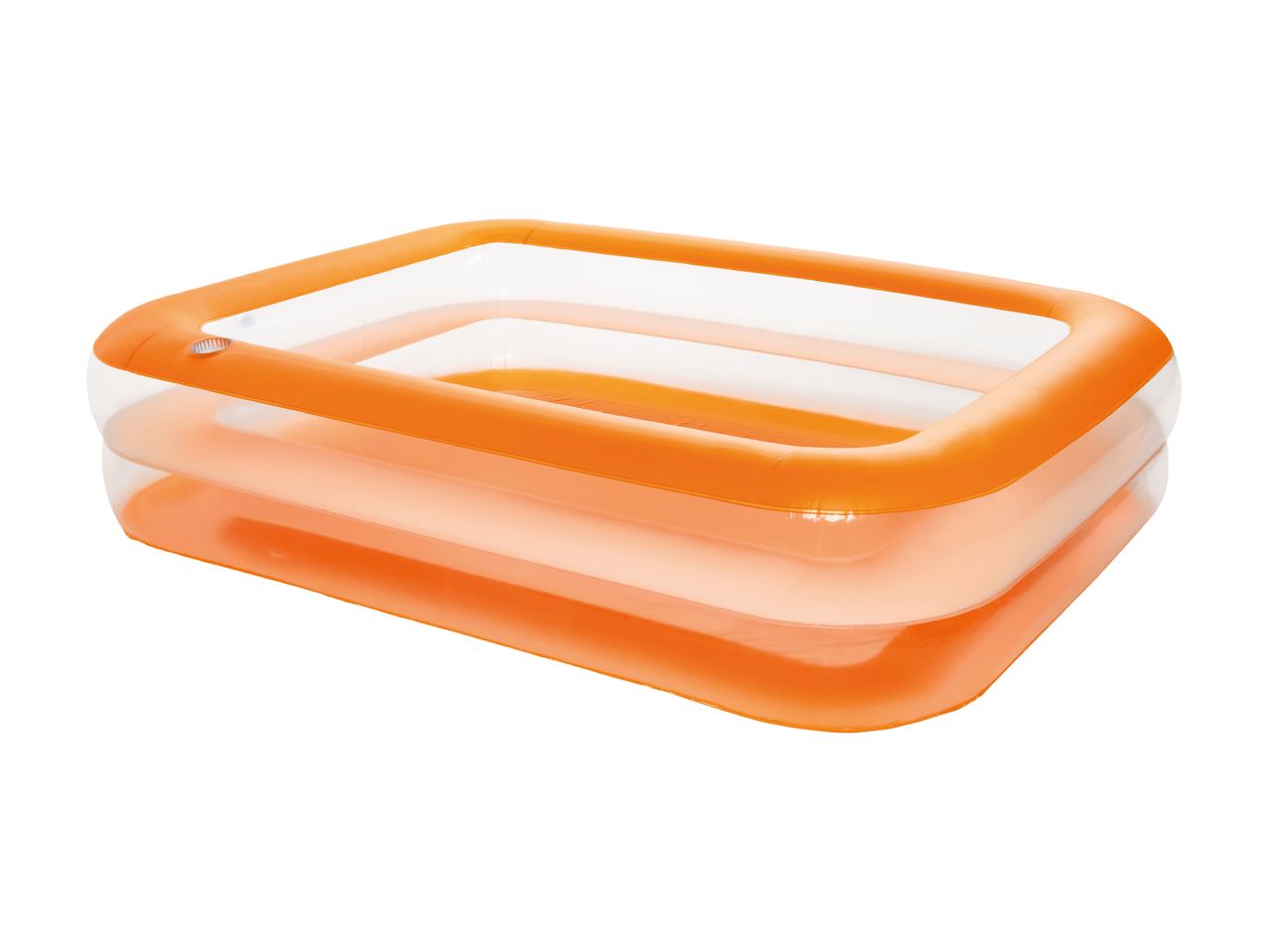 Orange rectangular inflatable paddling pool with transparent sides.