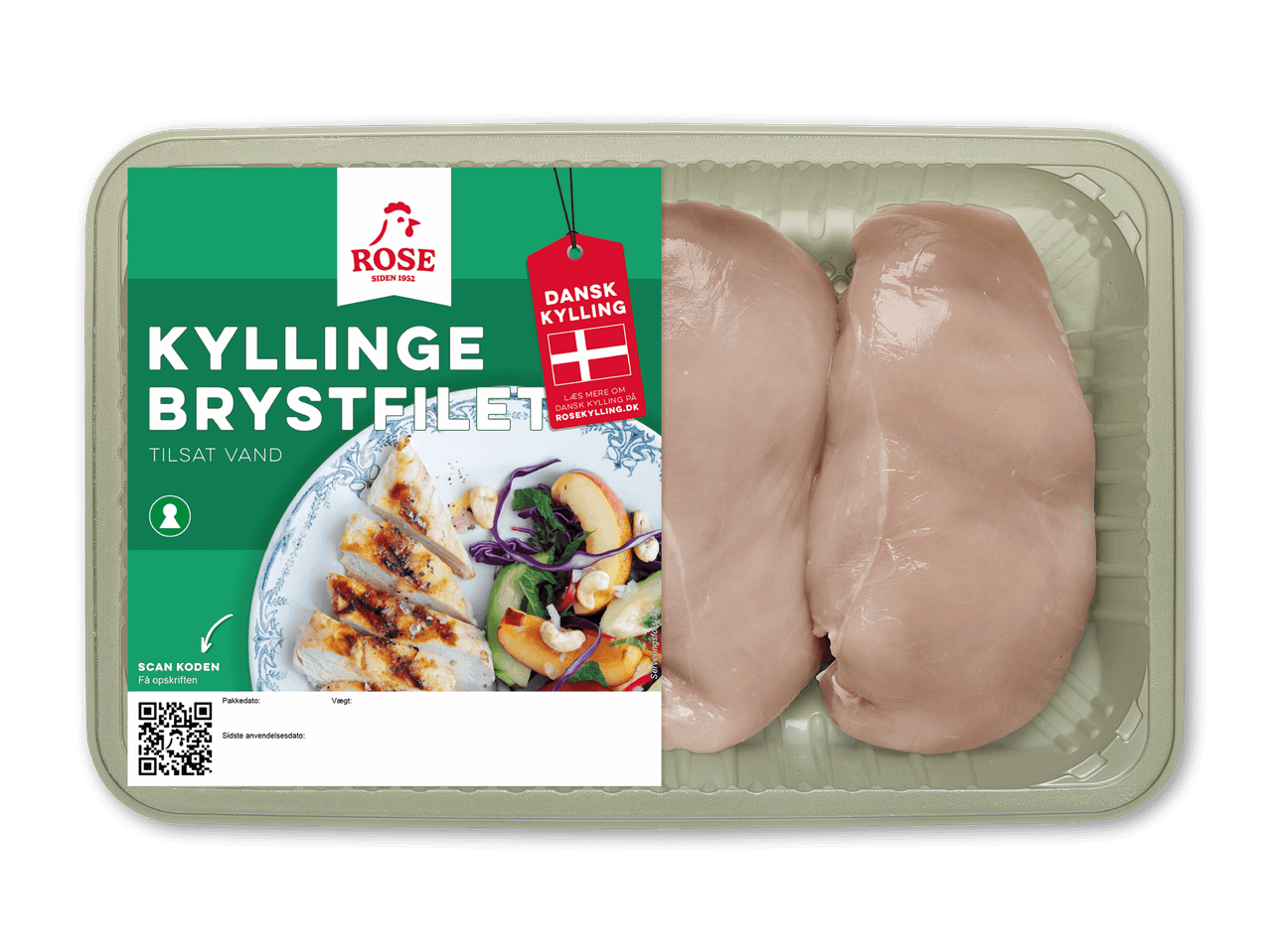 Pakke med kyllingebrystfilet med dansk kyllingemærke og opskrifts-QR-kode.