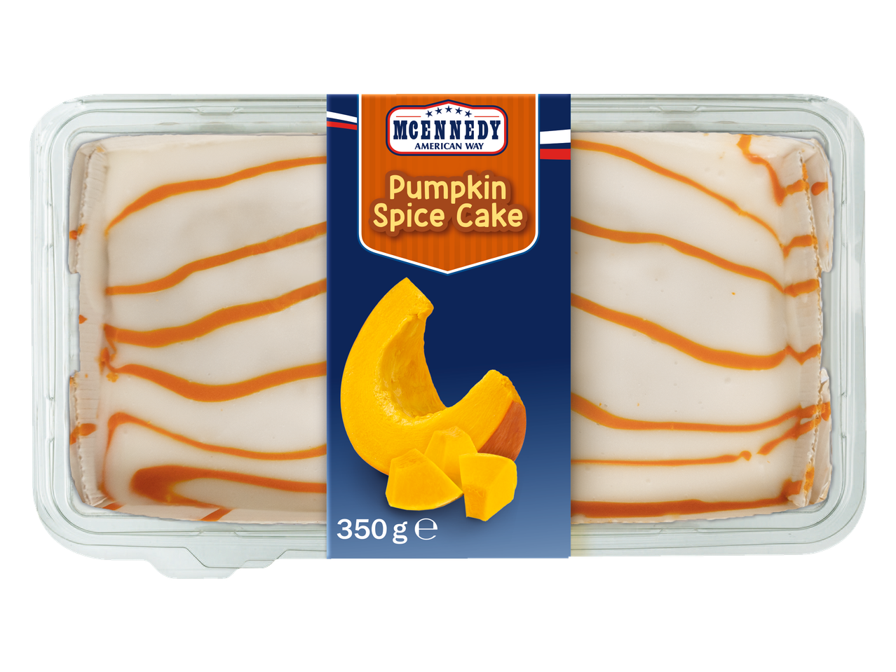 MCENNEDY Pumpkin Spice Cake, gâteau américain avec glaçage blanc et rayures oranges, 350g.