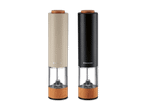 Zwei elektrische Salz- und Pfeffermühlen in Beige und Schwarz mit Holzdetails.