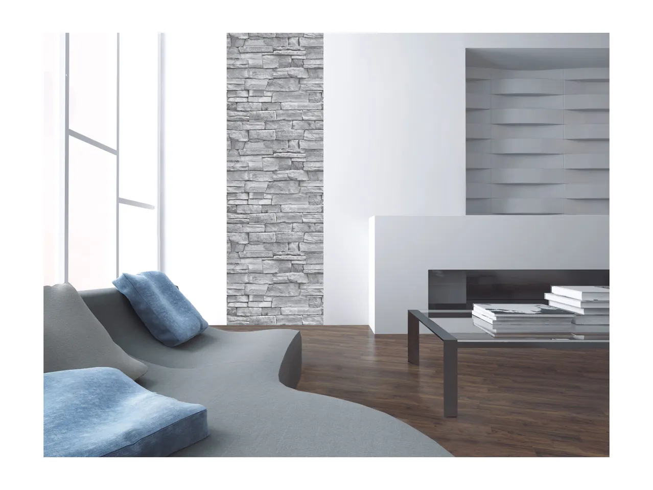 Modern living room with a gray sofa, stone accent wall, and a glass coffee table.