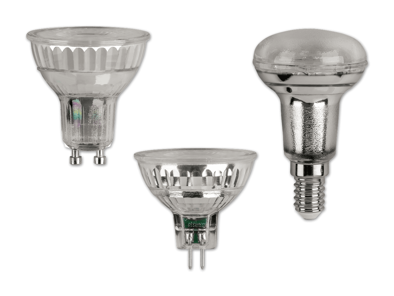 Drei verschiedene LED-Lampen, darunter zwei GU10-Spots und eine E14-Kerzenlampe.
